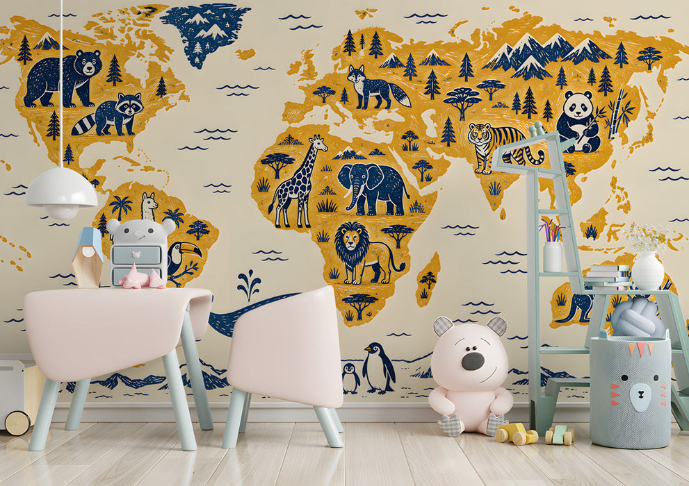 Educational animal map mural on the feature wall of a bright study room
