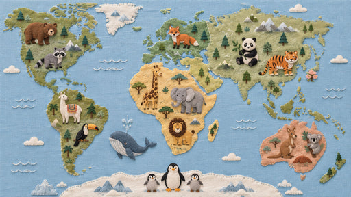 World map wallpaper pattern with felt-textured continents, wild animals, and a sky blue background.