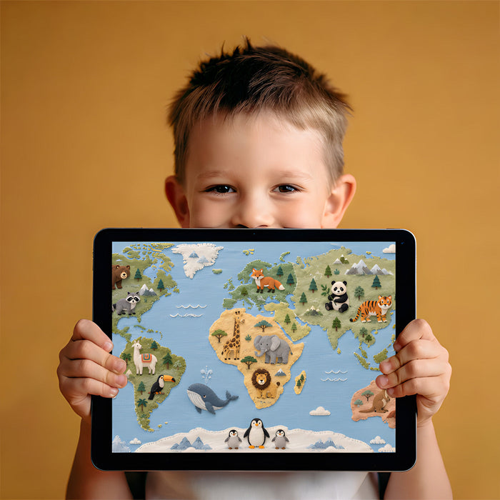A bright playroom area showing the felt animal map mural installed on a large feature wall.