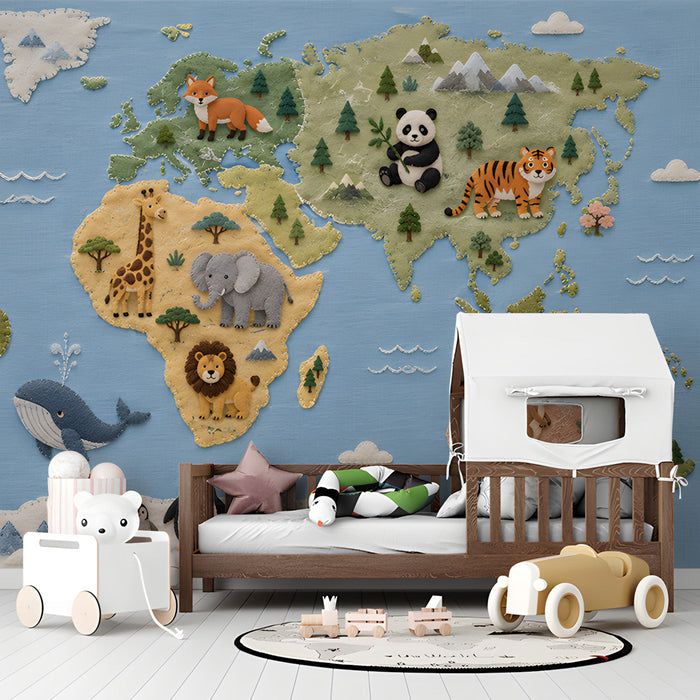 A cozy bedroom featuring the world map mural behind a wooden crib with soft bedding.