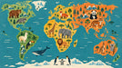 Illustrated world map wallpaper featuring colorful continents and animals like bears, tigers, elephants, and kangaroos.