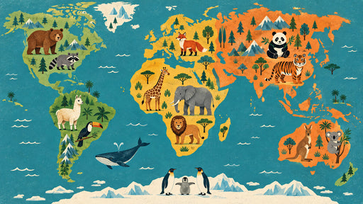Illustrated world map wallpaper featuring colorful continents and animals like bears, tigers, elephants, and kangaroos.