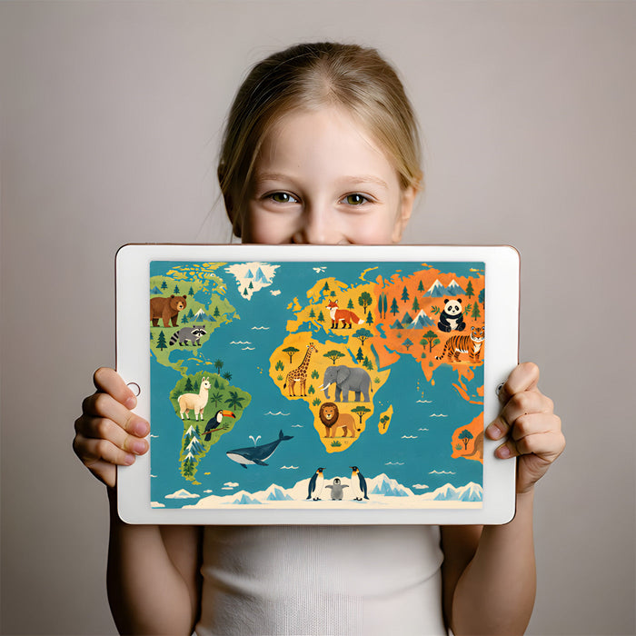 A colorful playroom featuring the world animal map mural as a backdrop for a reading corner with floor cushions.