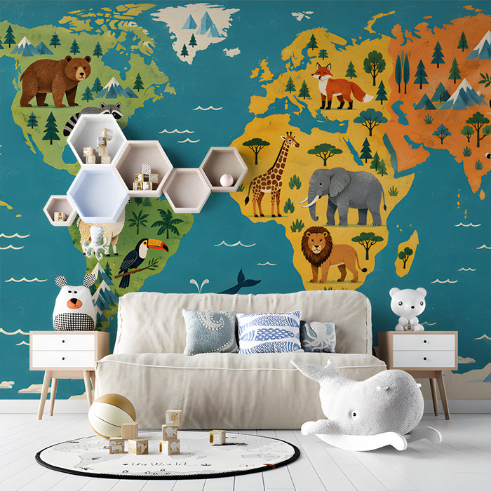 A cozy playroom interior with a whimsical world map wallpaper mural above a modern wooden crib.