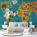 A cozy playroom interior with a whimsical world map wallpaper mural above a modern wooden crib.