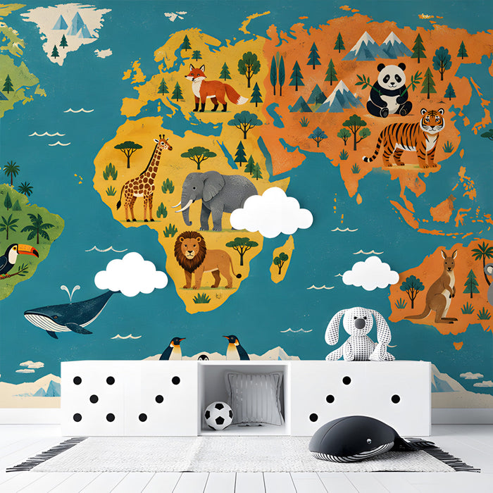 A bright child's bedroom with a world animal map mural on the main wall behind a white bed frame.