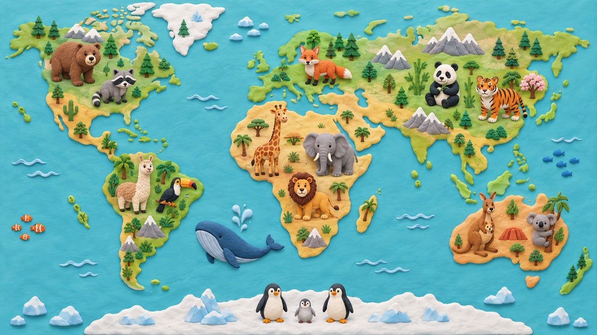 World map wallpaper with 3D clay style animals, vibrant blue ocean and tan continents.