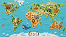 World map wallpaper with 3D clay style animals, vibrant blue ocean and tan continents.