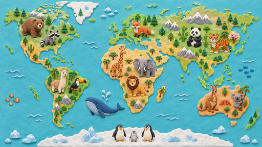 World map wallpaper with 3D clay style animals, vibrant blue ocean and tan continents.