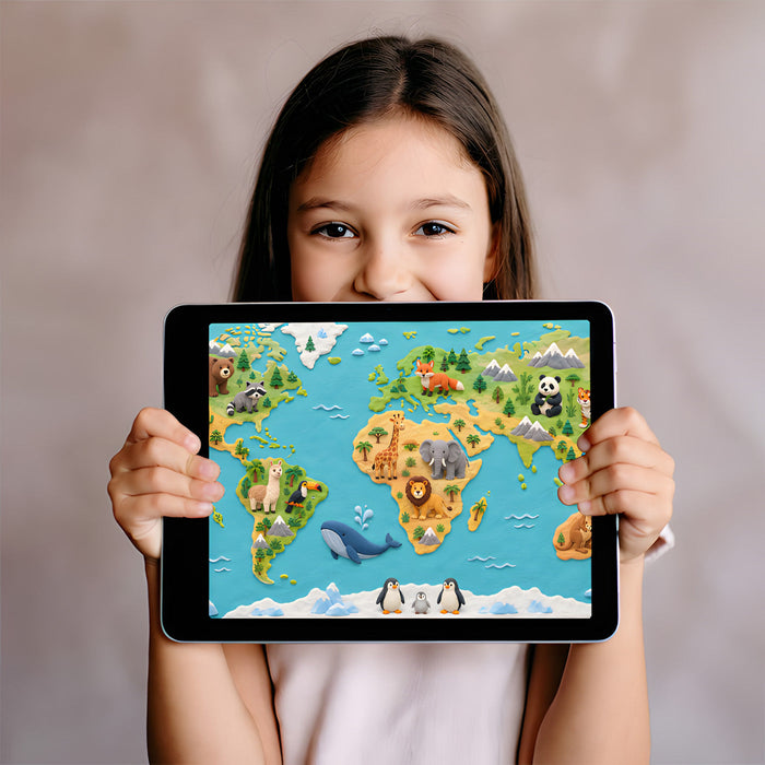 Kids bedroom wall featuring a 3D style world map mural with animals and continents.