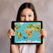 Kids bedroom wall featuring a 3D style world map mural with animals and continents.