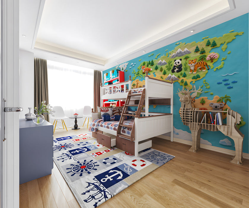 Colorful clay animal world map installed in a bright nursery with light wood furniture.