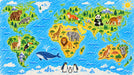 World map wallpaper with crayon texture featuring colorful animals on continents and blue ocean