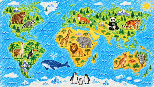 World map wallpaper with crayon texture featuring colorful animals on continents and blue ocean
