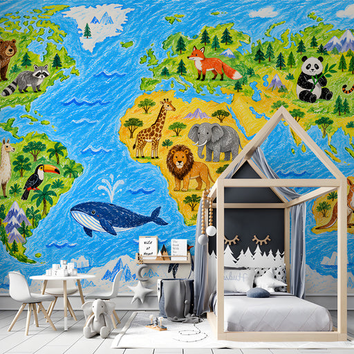 Close up of colorful world map mural installed in a bright nursery with light wood furniture