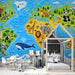 Close up of colorful world map mural installed in a bright nursery with light wood furniture
