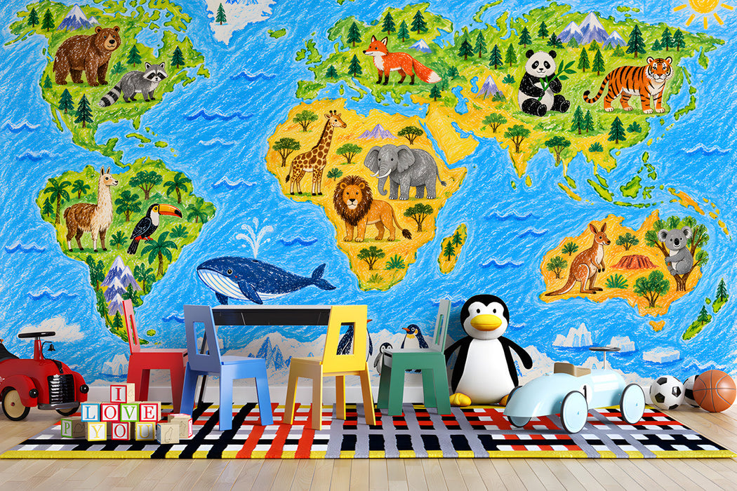 Kids playroom featuring a playful animal world map wall mural as a creative focal point