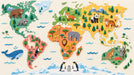 A world map wallpaper featuring colorful paper-cut style continents with illustrated animals like pandas, elephants, and kangaroos.