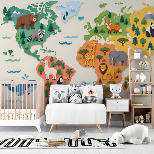 A cozy nursery room featuring the animal world map mural on a main wall with light wood crib furniture.