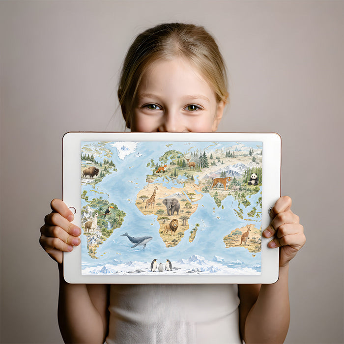 A home study or library room featuring a detailed animal world map mural on the feature wall.