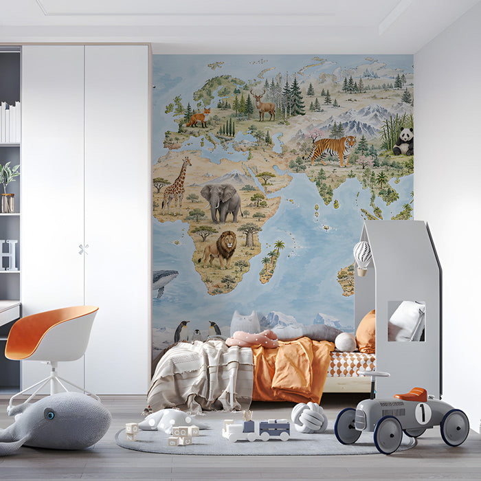 A bright bedroom interior with an educational world map wallpaper featuring various wildlife and nature motifs.