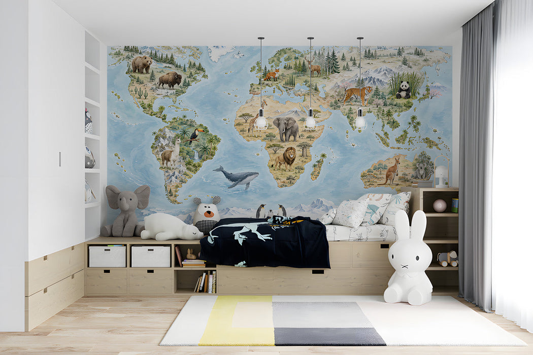 A child's bedroom wall featuring a world map mural with illustrated wildlife animals.