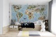 A child's bedroom wall featuring a world map mural with illustrated wildlife animals.