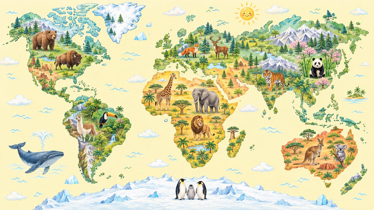 World map wallpaper pattern with illustrated animals, mountains, and trees on a soft yellow background.