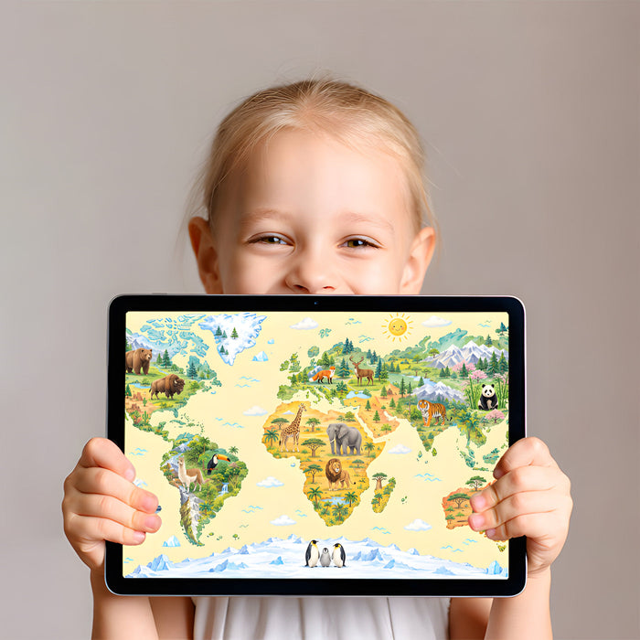 Playroom wall decorated with a colorful illustrated world map mural for educational decor.