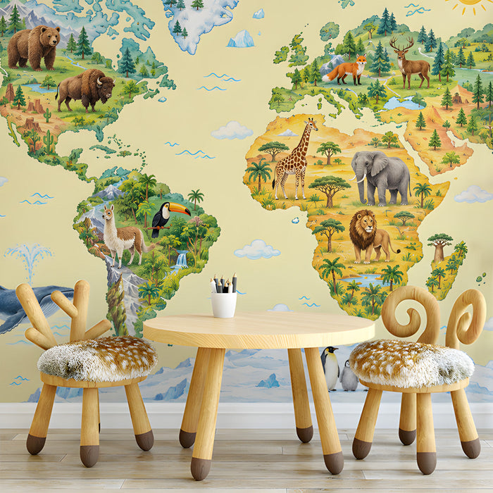 Nursery room wall with an engaging world map mural featuring friendly wildlife illustrations.