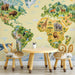 Nursery room wall with an engaging world map mural featuring friendly wildlife illustrations.