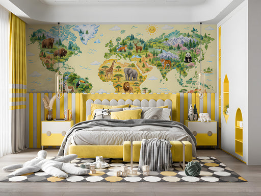 Children's bedroom featuring a whimsical world map wallpaper mural with diverse animals.
