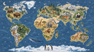 A detailed world map wallpaper showing illustrated animals like giraffes, bears, and tigers on a deep blue starry background.
