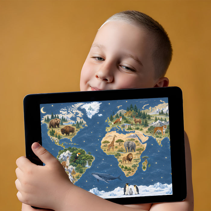 A home library or study space with the wildlife world map mural providing an adventurous and academic atmosphere.