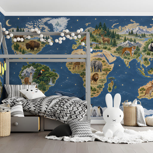 A kid's bedroom with the illustrated map wallpaper, creating a fun and interactive environment for learning.