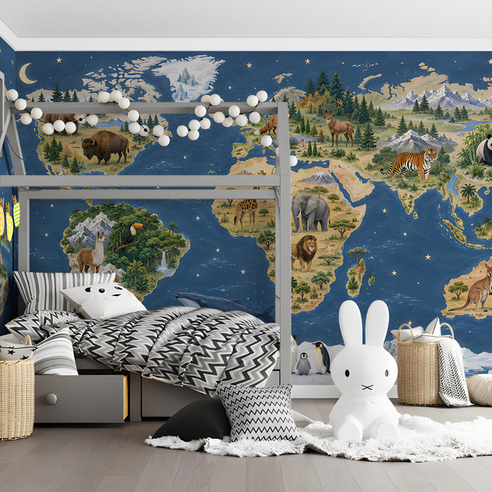A kid's bedroom with the illustrated map wallpaper, creating a fun and interactive environment for learning.