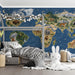 A kid's bedroom with the illustrated map wallpaper, creating a fun and interactive environment for learning.