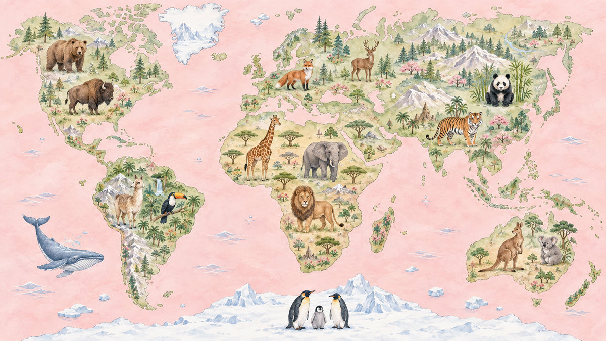 World map wallpaper pattern with illustrated animals in blush pink and sage green