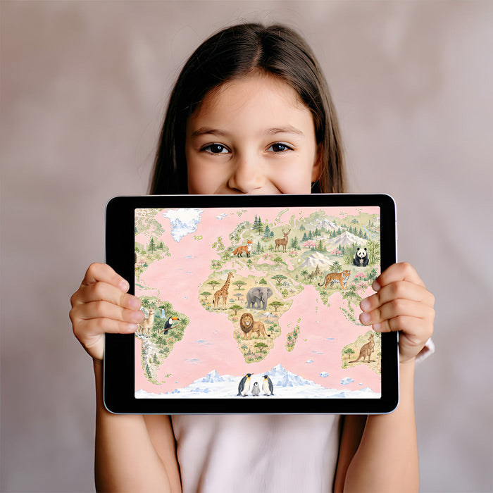 Educational wall mural showing animals around the world in a child's playroom