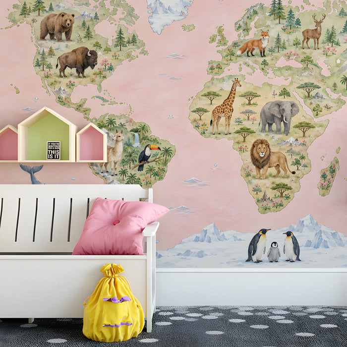 World map mural installed in a cozy gender-neutral nursery room