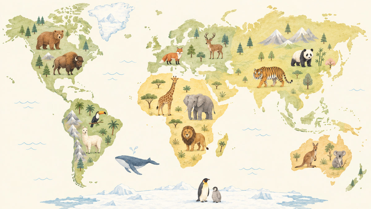 A world map mural wallpaper featuring hand-painted animals on a cream background with ochre and green continents.