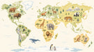 A world map mural wallpaper featuring hand-painted animals on a cream background with ochre and green continents.