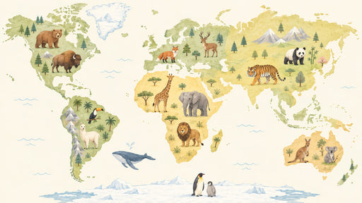 A world map mural wallpaper featuring hand-painted animals on a cream background with ochre and green continents.