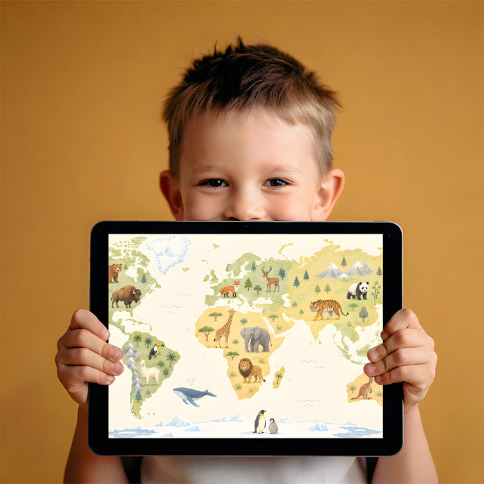 A playful kid's playroom with the world map wallpaper creating an engaging learning environment.
