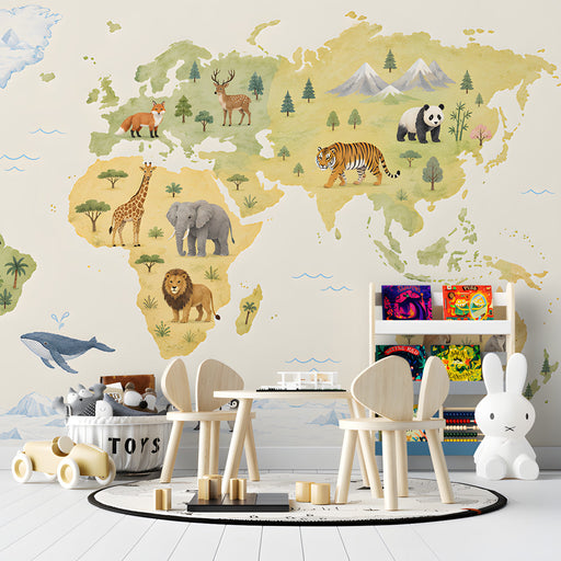 A nursery room wall decorated with a soft-toned world map mural with safari animals and natural accents.