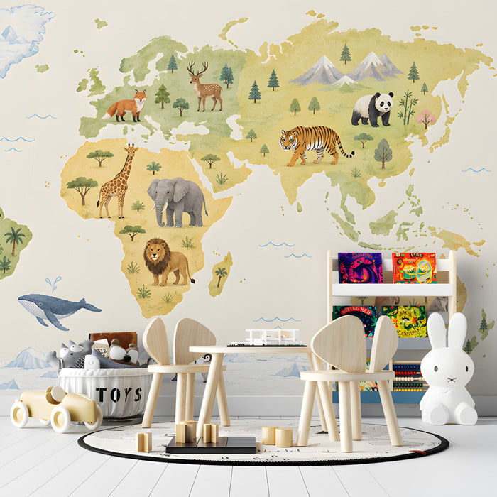 A nursery room wall decorated with a soft-toned world map mural with safari animals and natural accents.