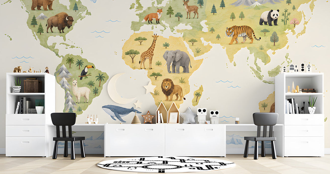 A nursery room wall featuring the world map mural with soft cream tones and illustrated animals.