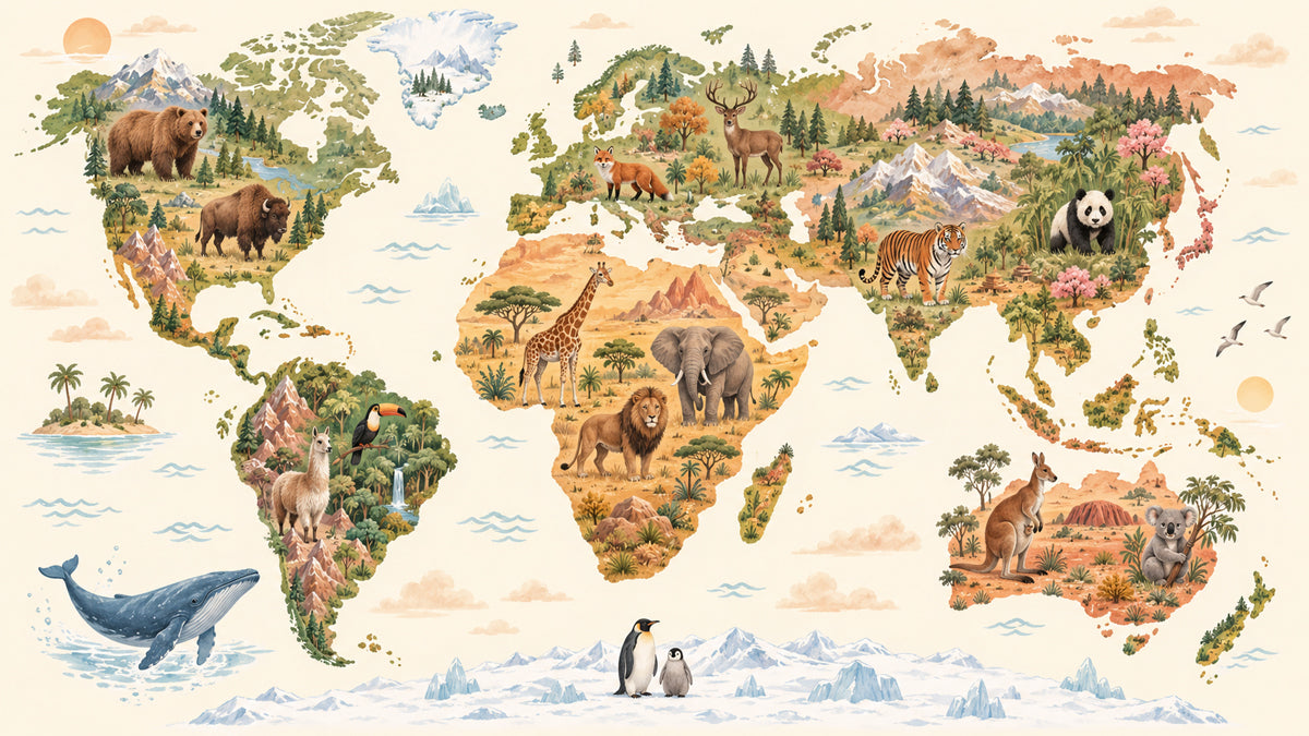 A detailed world map mural featuring illustrations of various animals in their native habitats on a cream background