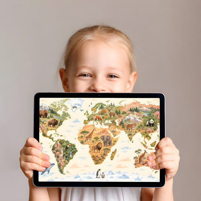 Animal world map wallpaper in a home study room with a dark wood desk