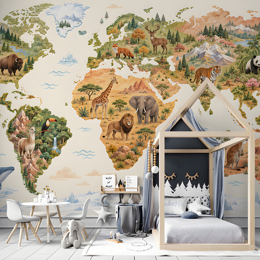 Educational mural wallpaper of a world map in a bright bedroom for kids
